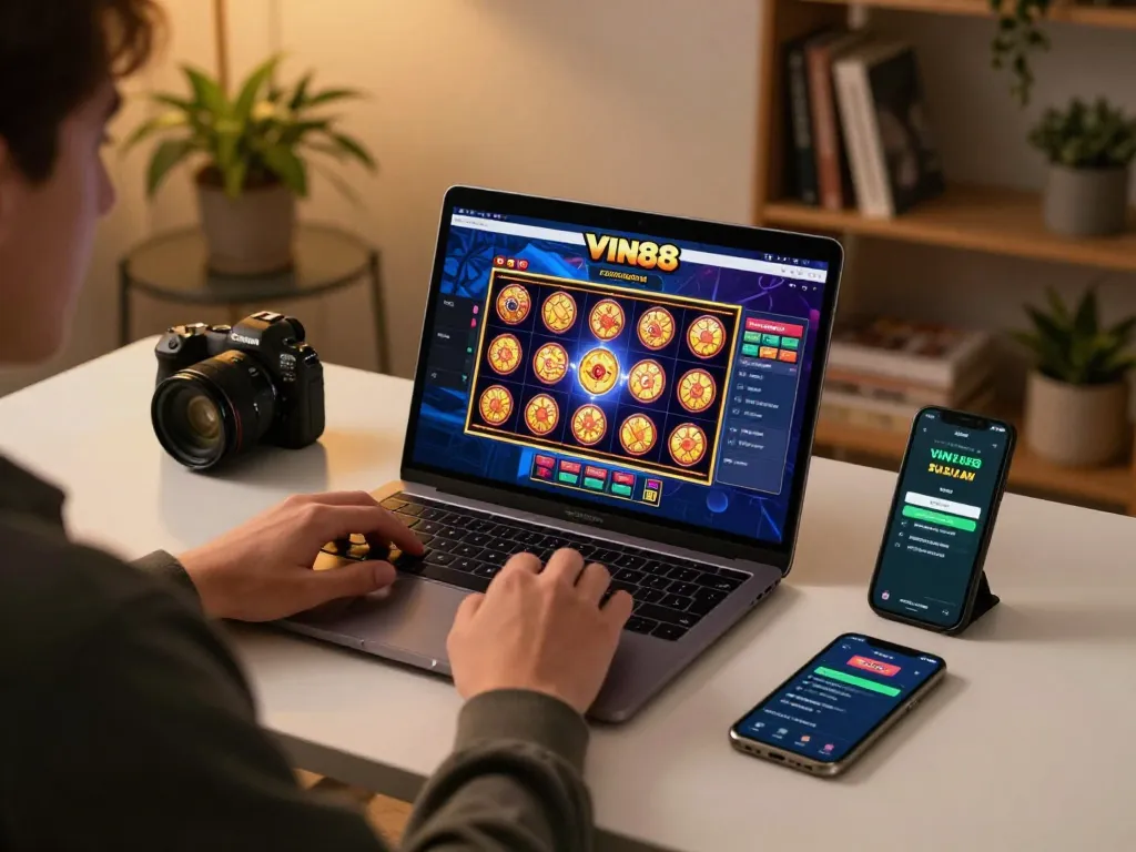 Playing VIN88 slot games at home with a laptop and smartphone on a modern desk