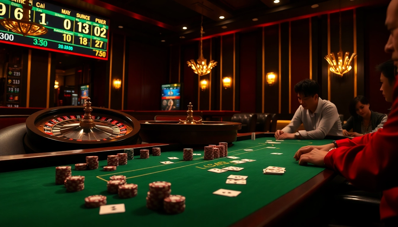 Exciting casino scene featuring tỷ lệ nhà cái on digital displays, highlighting luxury gambling atmosphere.