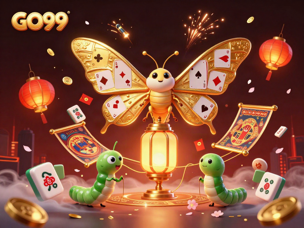 Engage with GO99 in a vibrant 3D casino scene featuring a majestic atlas moth.
