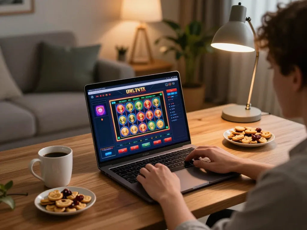 Person engaging in online gaming to see if Zumospin is betrouwbaar with laptop and snacks.