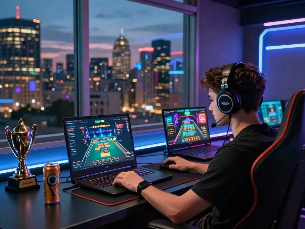 Immersive scene of a gamer using the 11bet app on a laptop, showcasing modern gaming items and a vibrant city skyline.