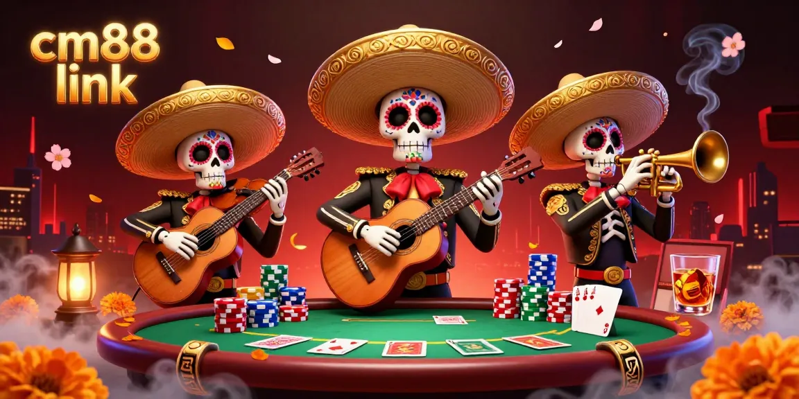 Experience thrilling poker action with cm88 link at a vibrant casino, featuring lively mariachi skeletons.