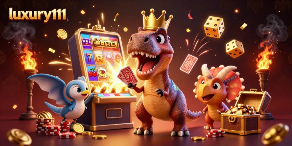 Engage with luxury111 while enjoying a vibrant scene of a T-Rex card shuffling at a thrilling casino.