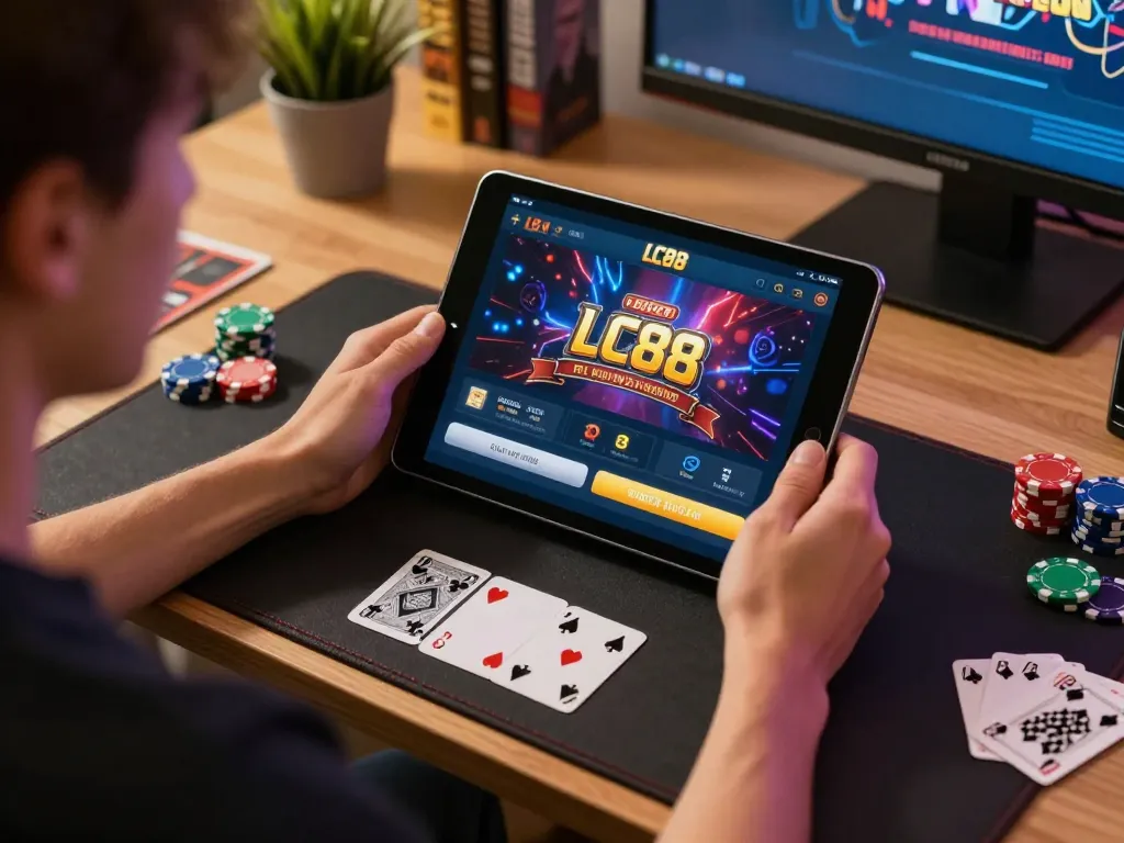Engaging player using the LC88 casino app on tablet, colorful chips visible around, warm home atmosphere