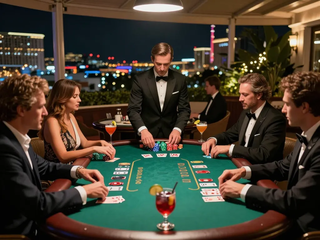 Win138 players competing in high-stakes blackjack game on a luxurious casino terrace