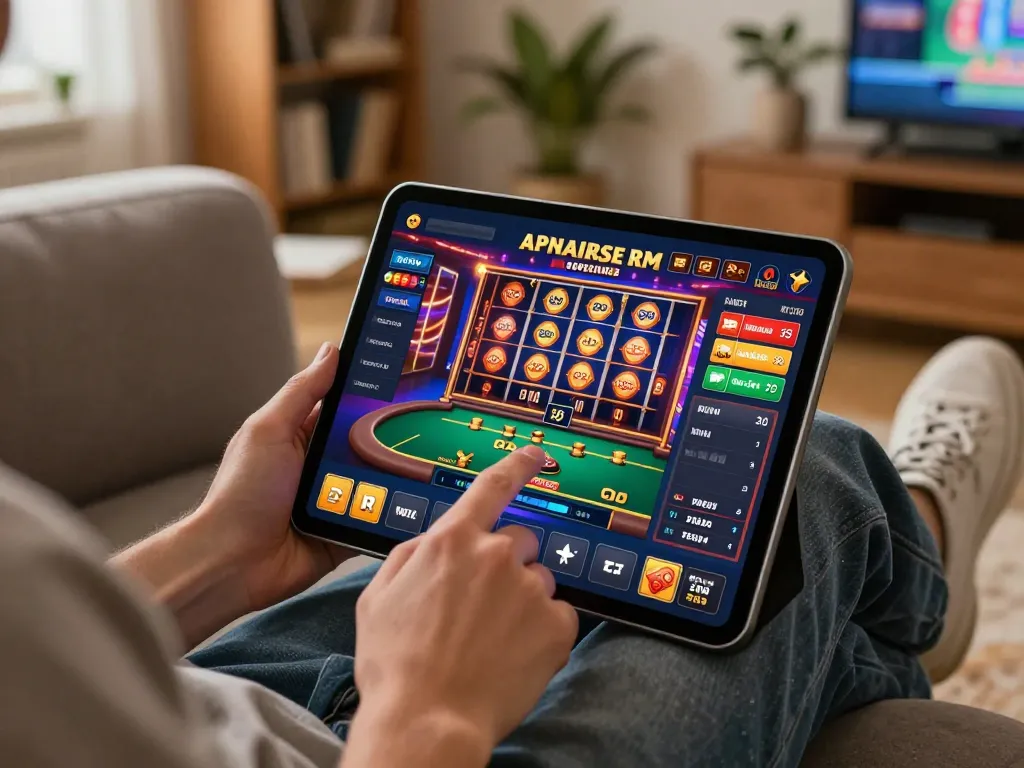 Sky88 player engaging with mobile casino app in a cozy living room, showcasing responsible gaming.