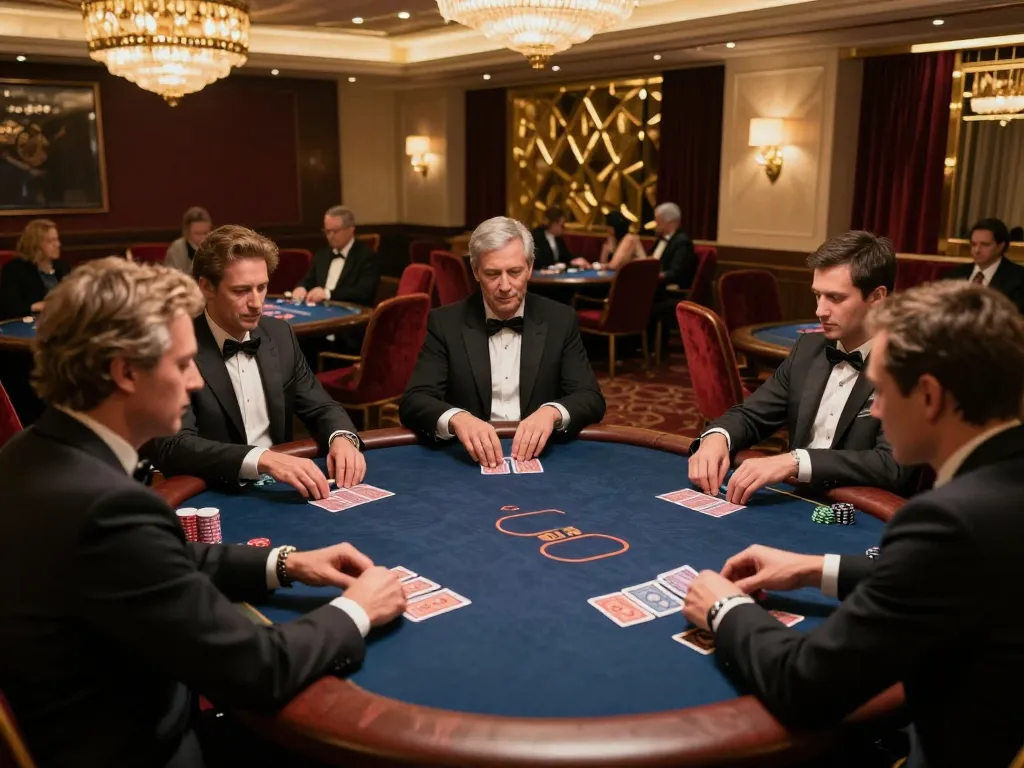 Players engage in strategic card play at https://da88at.com/ casino poker tables in a luxurious setting.
