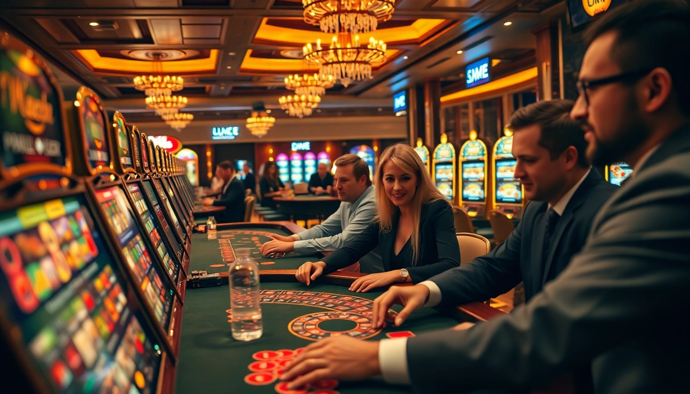LUCK8 casino scene showing players intensely engaged at poker and roulette tables, illuminated by vibrant slot machines.