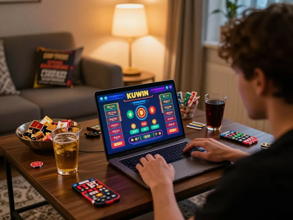 Kuwin player enjoying live dealer games on a cozy home setup with engaging atmosphere