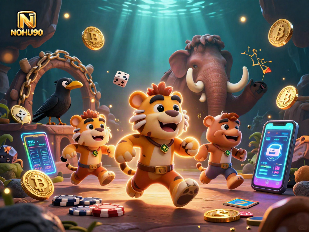 Join NOHU90 in an exciting prehistoric casino adventure with crypto elements and colorful game symbols!