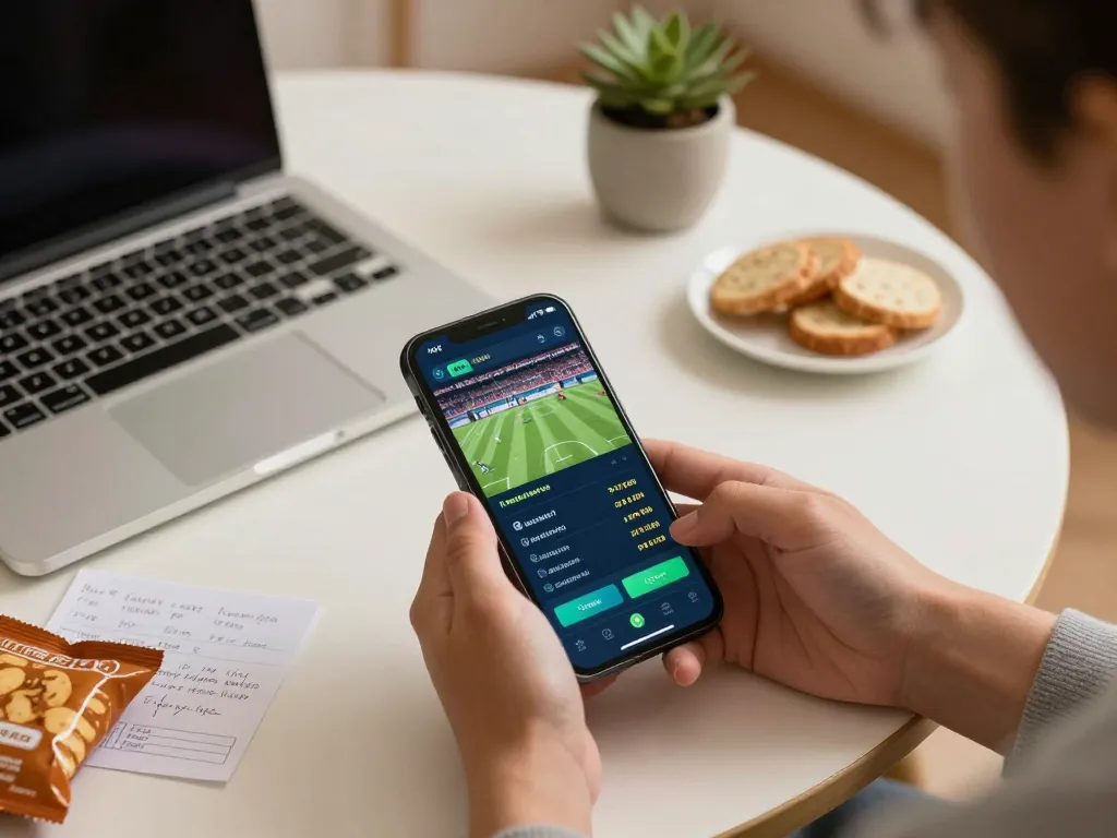Place your debet sports bets actively using a smartphone in a cozy, modern setting