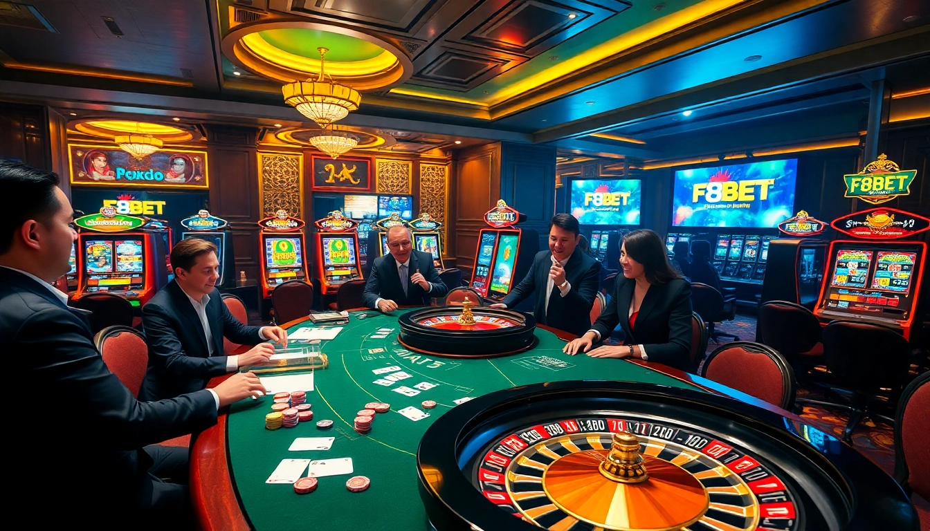 Players enjoying F8BET poker at a luxurious casino table with vibrant atmosphere