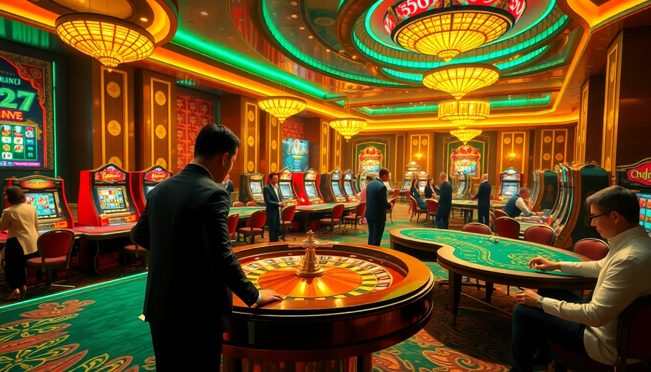 Experience the thrilling atmosphere of Mocbai's luxurious casino, with players enjoying exciting games and vibrant roulette action.