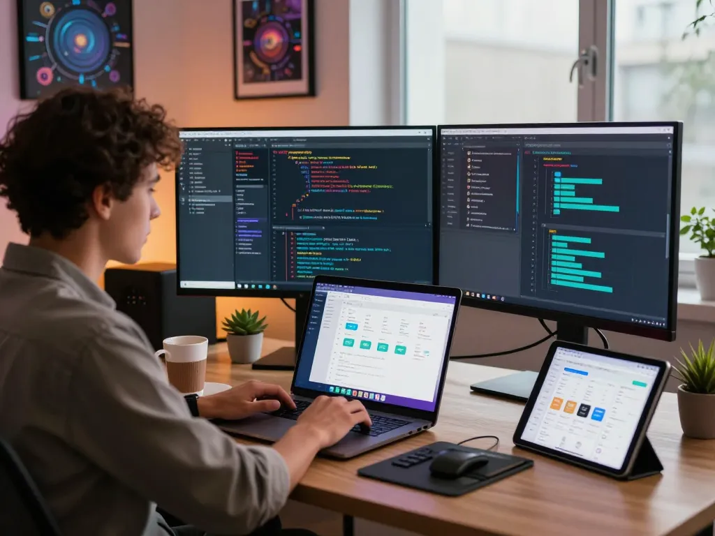 Developer using Moltbot on a laptop in a collaborative office environment