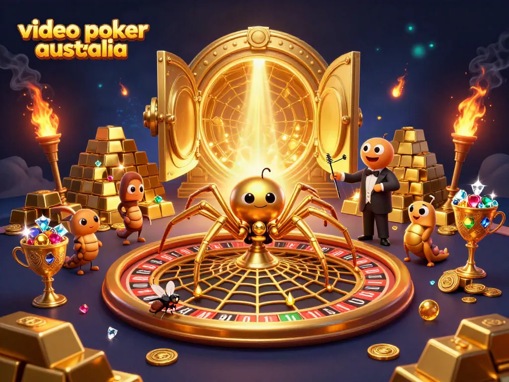 Explore the dynamic scene of video poker Australia featuring a golden spider and vibrant casino elements.
