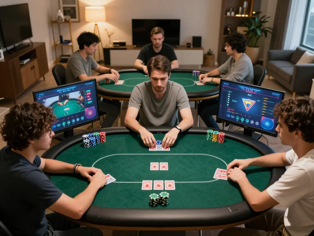 FLY88 players engaging in strategic online poker gameplay from their cozy homes with modern decor