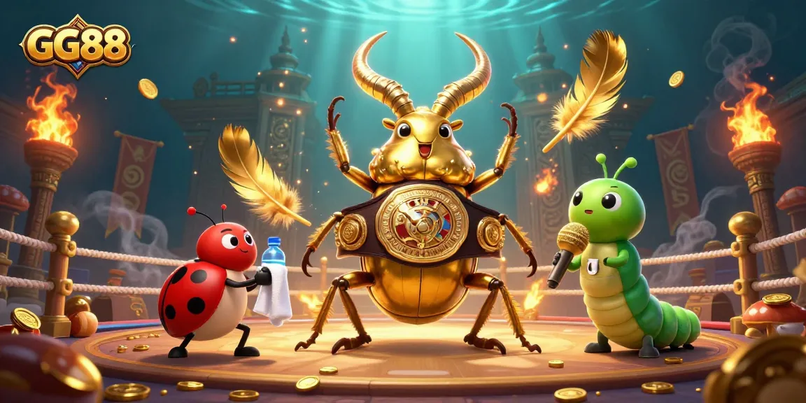 Engage in thrilling gameplay at GG88 with a dynamic casino illustration featuring a golden stag beetle champion.