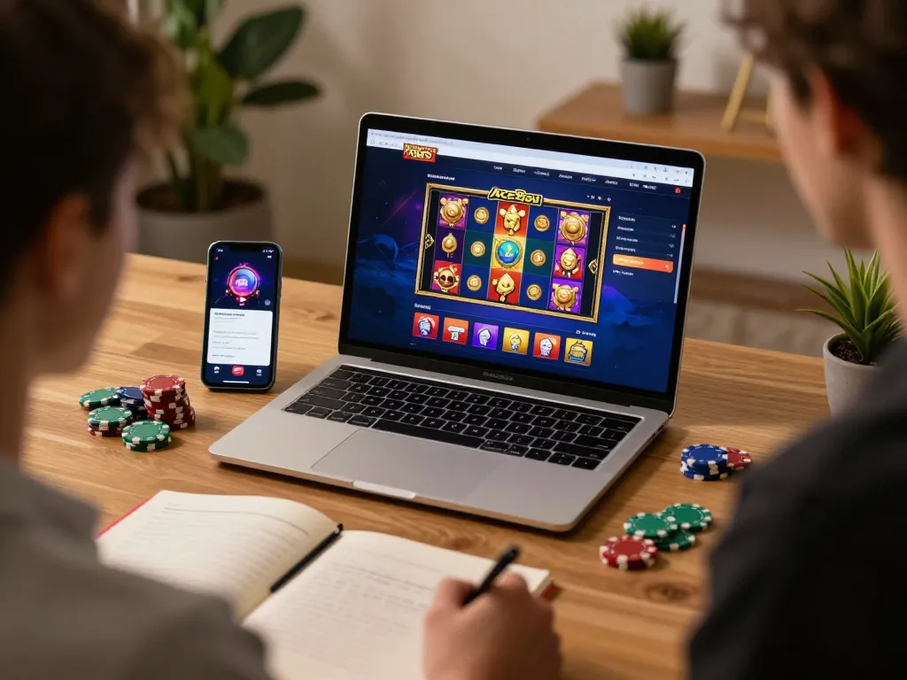 A person enjoying online gaming on Ace96au with vibrant slot games and strategic notes.