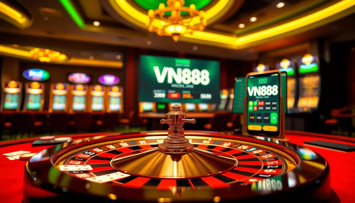 Enjoying an exciting gaming experience at VN88 casino with vibrant roulette and poker tables.