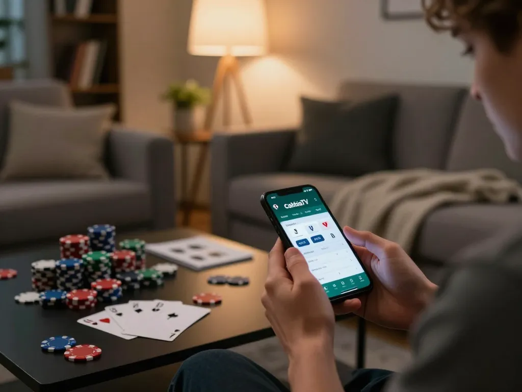 Cakhiatv user engaged in strategic online gaming at home, showcasing a smartphone with the CakhiaTV app.