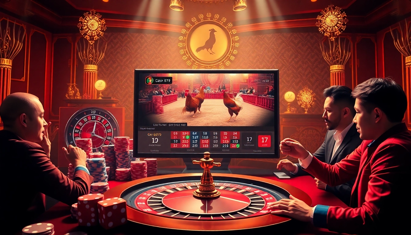Xem đá gà trực tiếp hôm nay with an exciting live betting atmosphere featuring casino elements.