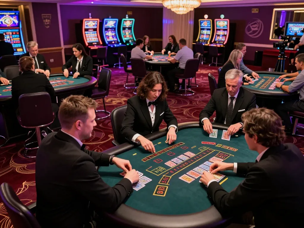 Players engaging in intense blackjack at https://888vnd.bid/ casino floor with vibrant lights and elegant decor