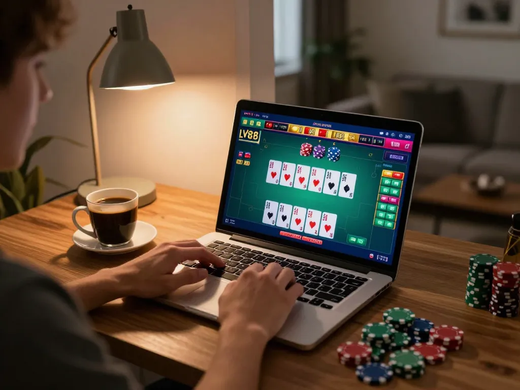 Engaging user playing LV88 online poker game on a laptop, showcasing dynamic gameplay environment.