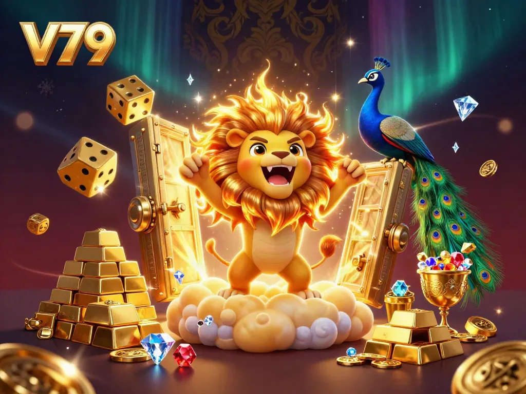 Experience the thrilling world of V79 with vibrant characters, golden treasures, and dazzling casino action.