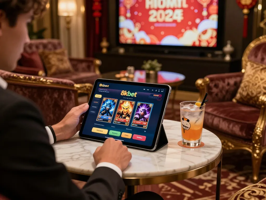 8kbet gaming experience in a luxury lounge setting with festive Tet holiday atmosphere