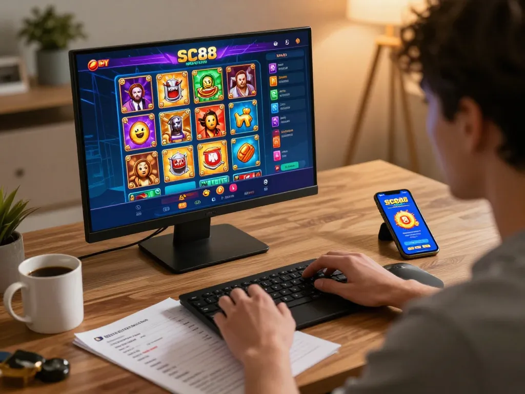 Player using SC88 app on smartphone for engaging online casino gaming session in cozy home setup.