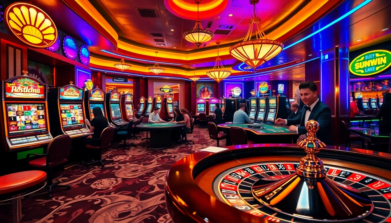 Players enjoying a thrilling game at the sunwin casino floor with vibrant slot machines.