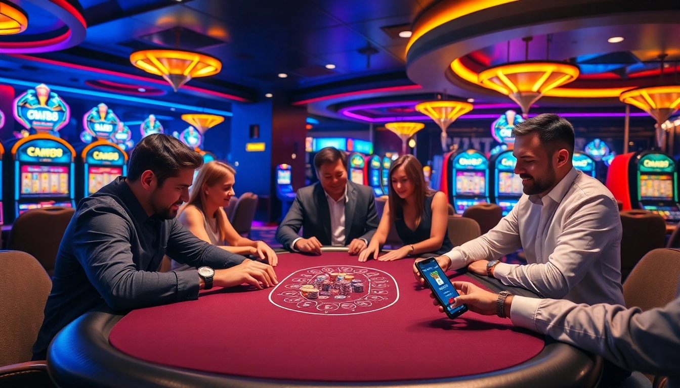 Engage with the exciting CM88 poker table experience in a luxurious casino setting filled with slot machines.
