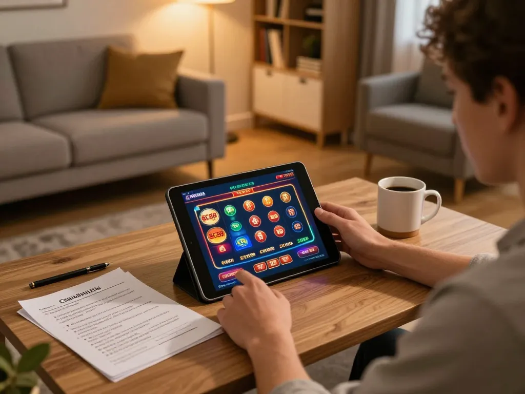 Player using SC88e app on tablet for online gambling with notes on strategies in cozy home setting