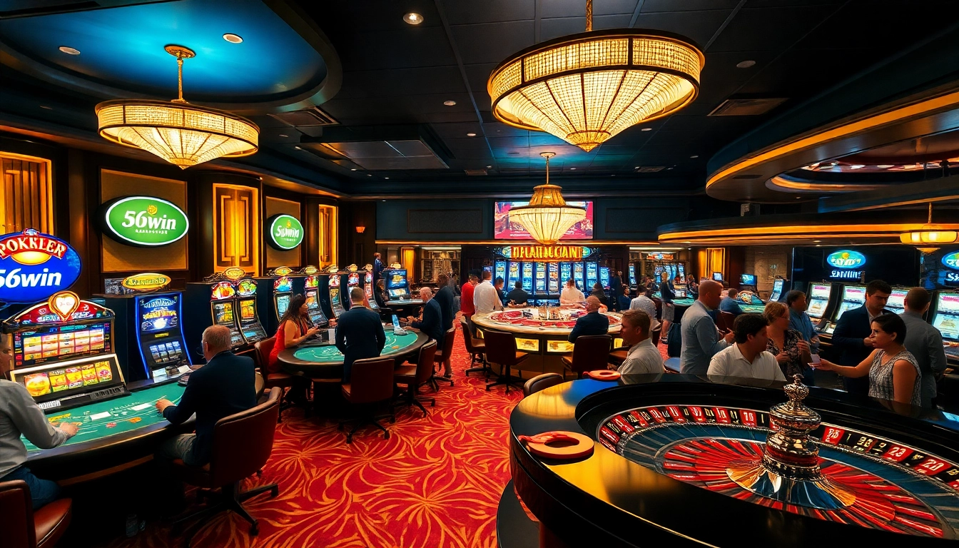 Experience the thrilling atmosphere of 56win with excited casino players and vibrant slot machines.