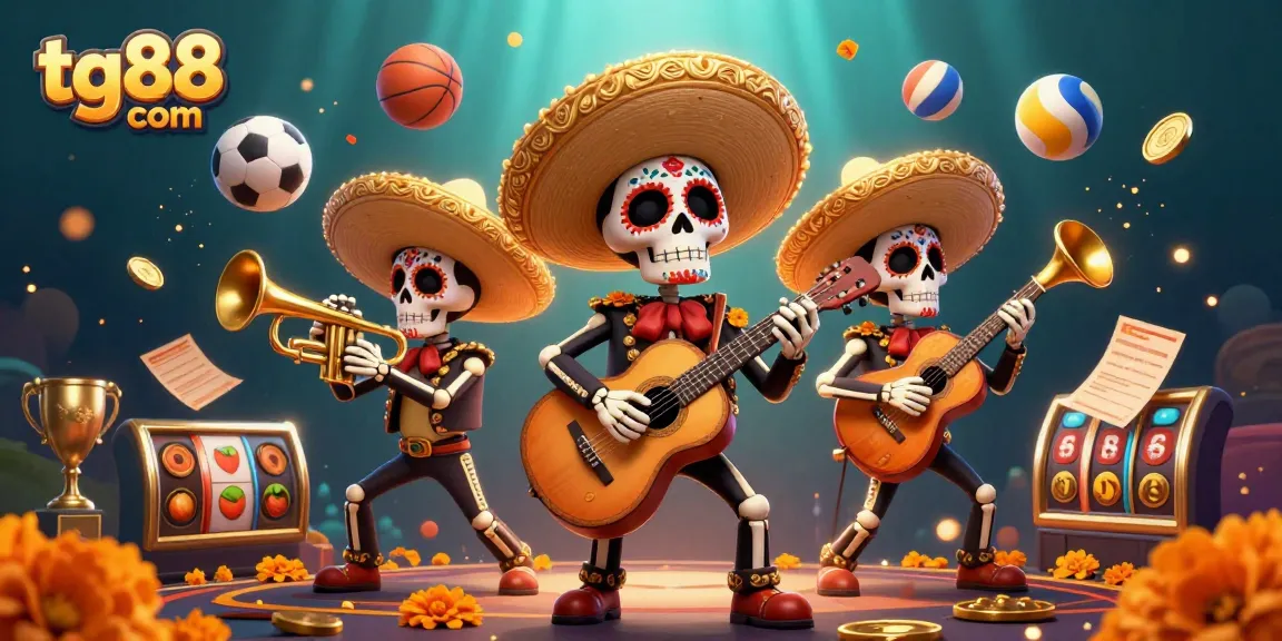 Engage in thrilling casino action at tg88 com with vibrant 3D mariachi skeletons and exciting gaming elements.
