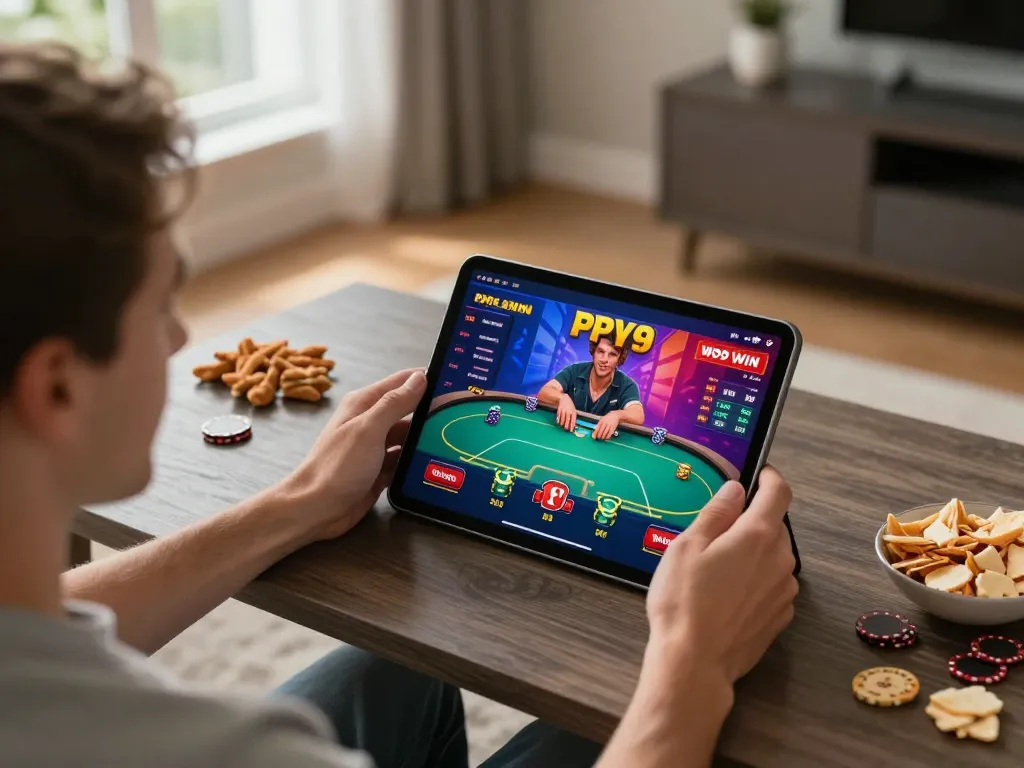 Experience the thrill of pp9 win as players engage with the casino app in a cozy home setting