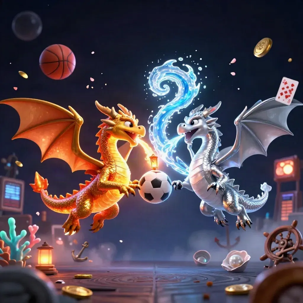 Gold and silver dragons spiral with a soccer ball, coins, coral and casino glow.