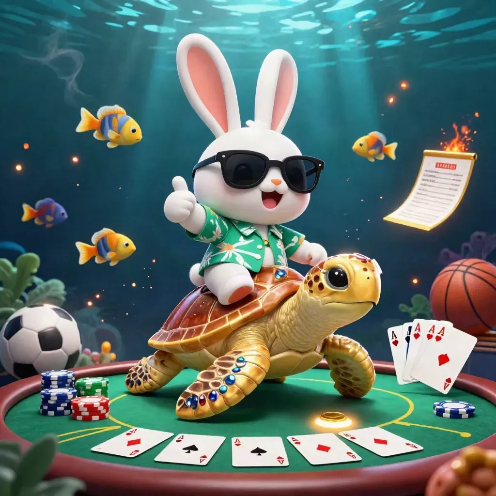 Lucky rabbit on a golden sea turtle amid casino chips, cards, sports balls and underwater glow.