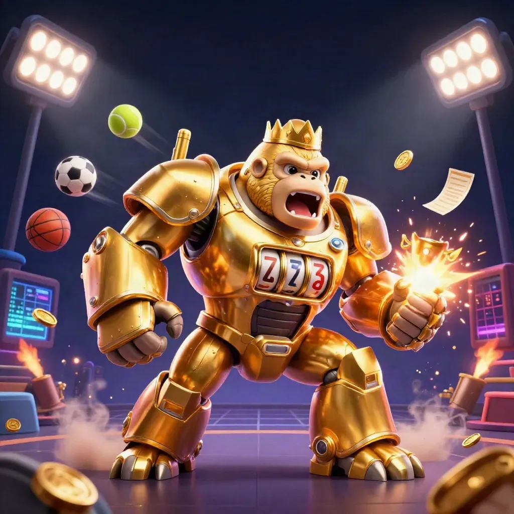 Golden gorilla mech with monkey pilot, flying sports balls, trophy, coins, and neon casino lights.