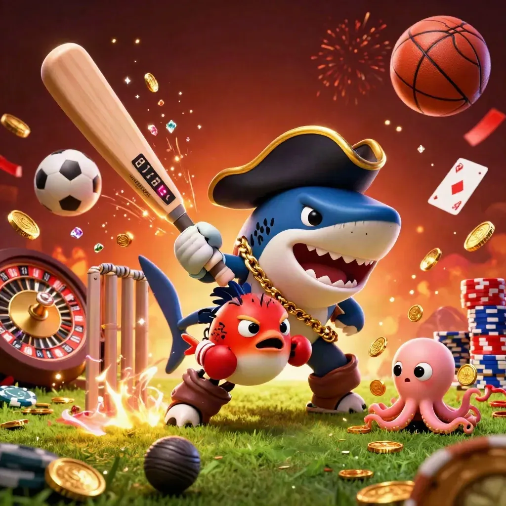 Cricket powerplay chaos with shark, pufferfish, octopus, coins, chips, cards, and blazing casino glow.