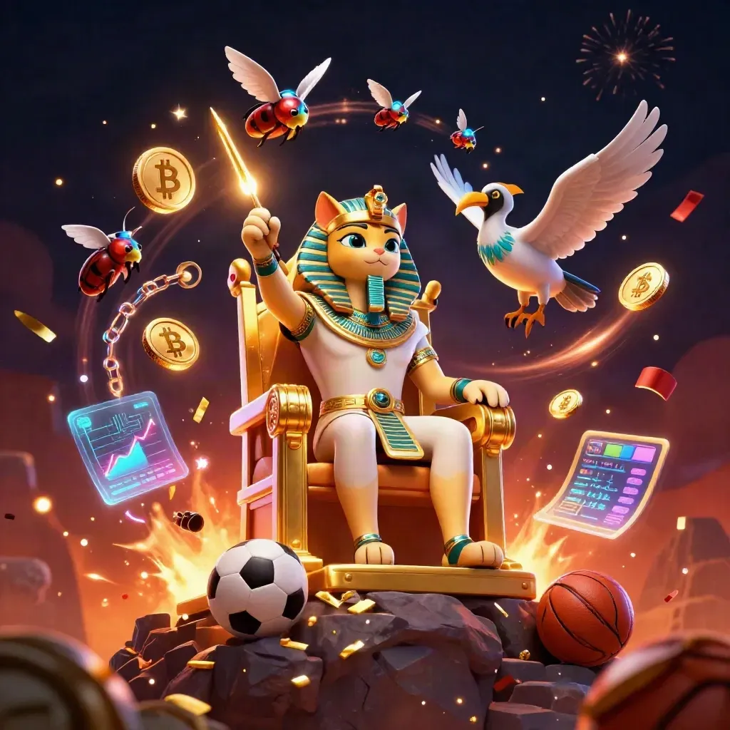 Pharaoh cat on a golden throne with ibis scribe, scarabs, neon coins, and casino energy