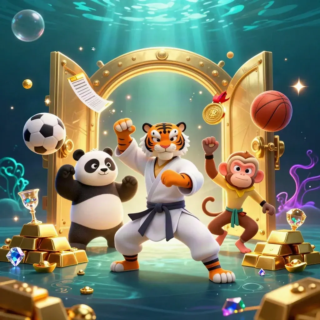 Kung-fu tiger, panda, and monkey amid gold vault, sports balls, and underwater neon glow.