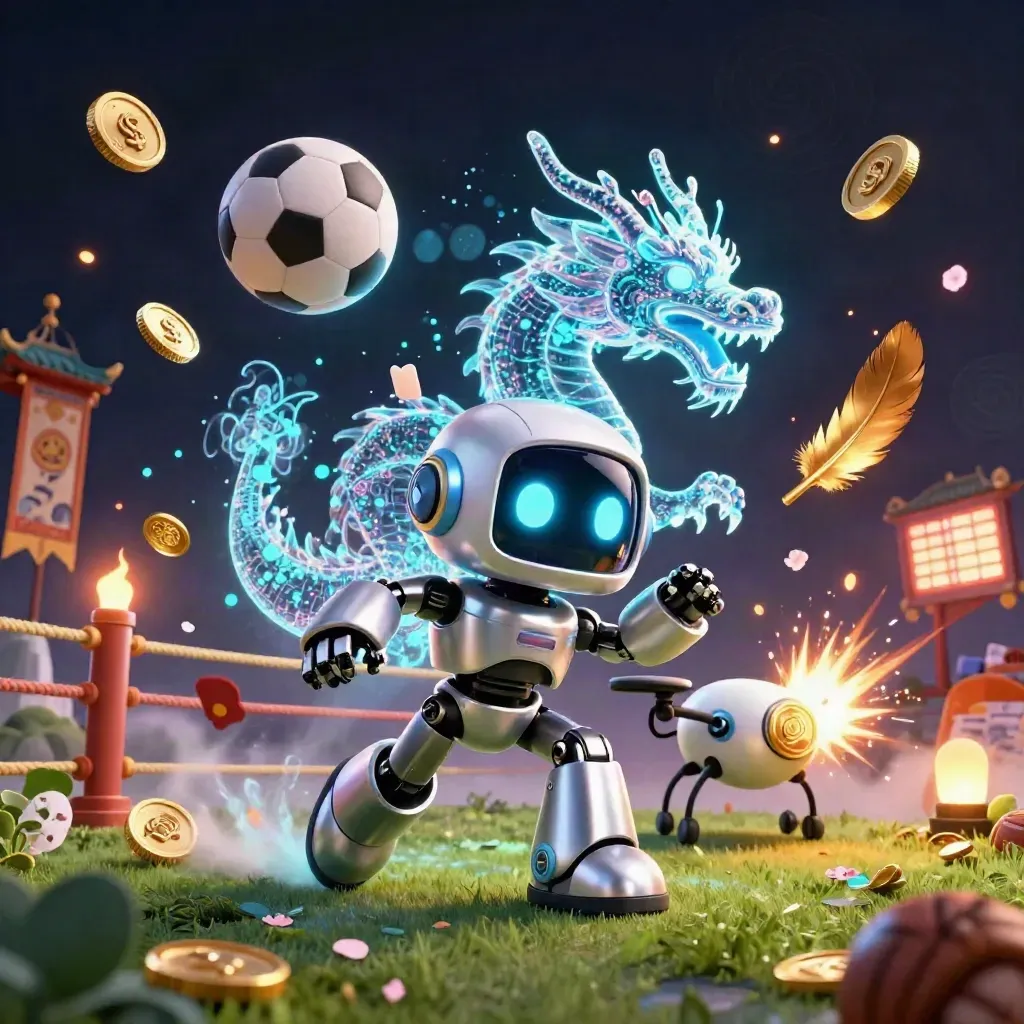 Chrome robot, neon dragon and coin drone sprint past flying balls in a luxe casino scene.