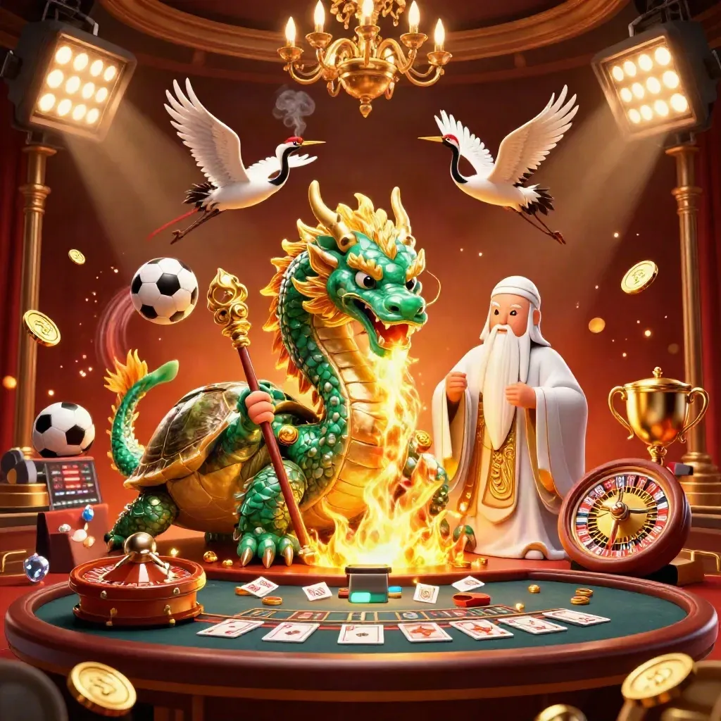Emerald dragon, turtle sage and cranes amid casino lights, sports balls, trophy, roulette and blackjack table