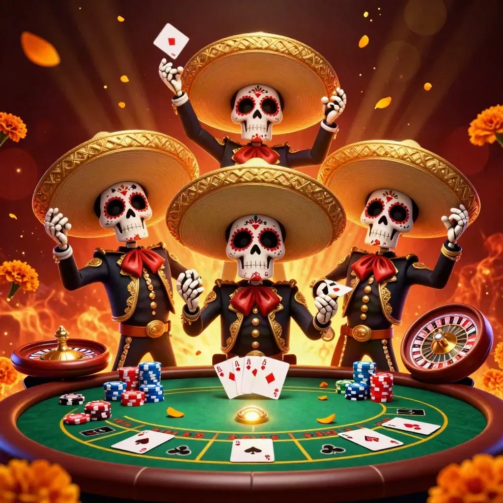 Skeleton mariachi trio at a casino table amid chips, cards, roulette spin, ember glow