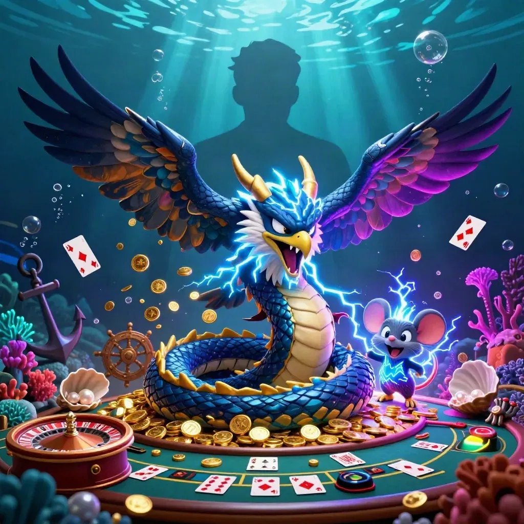 A thunder dragon, glowing hawk, and static mouse in a luxe underwater casino treasure cove.