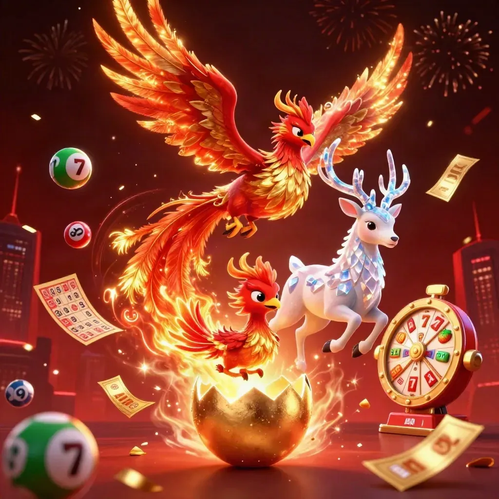 Phoenix, baby phoenix and crystal stag amid casino bursts, gold confetti and neon energy.