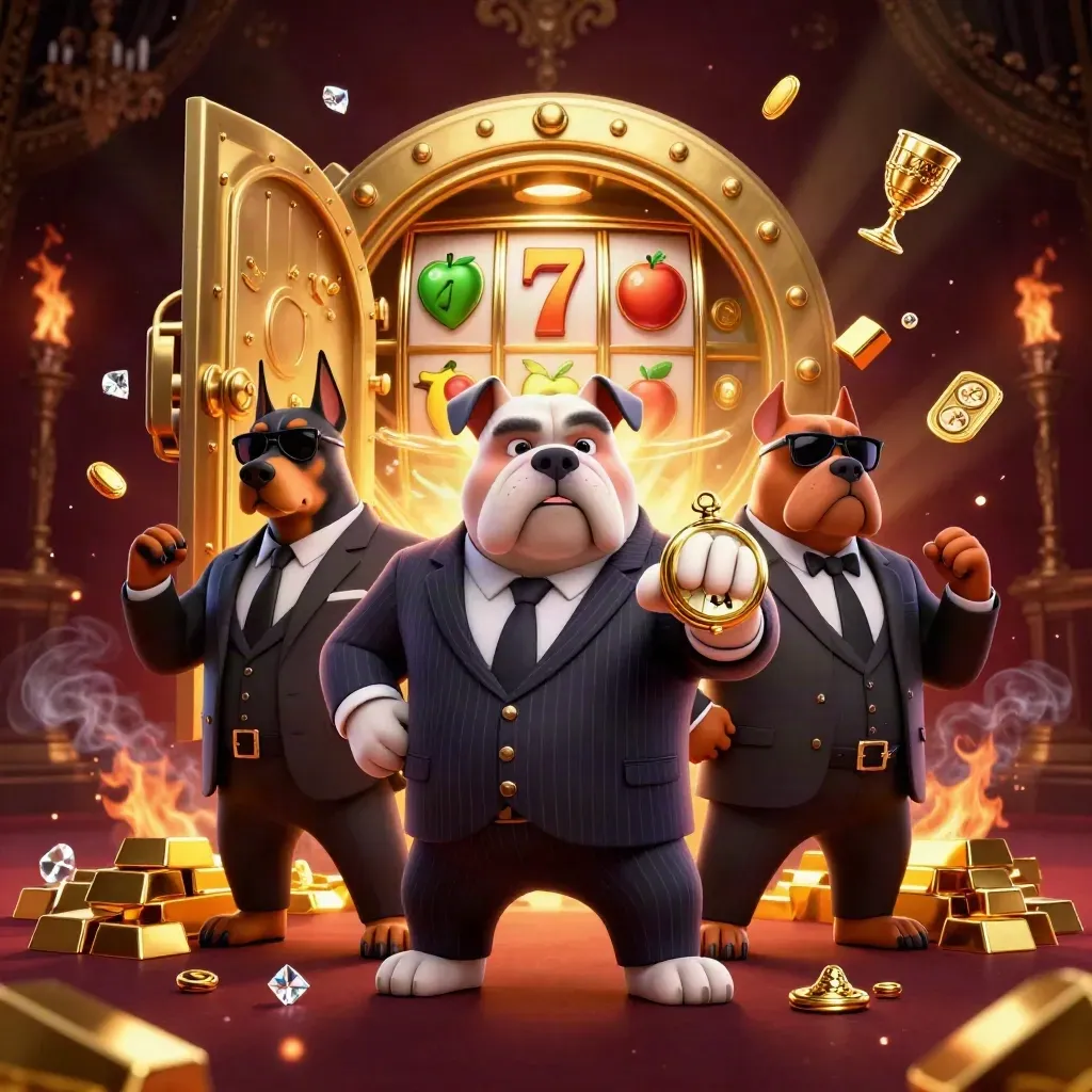 Three mafia bulldogs burst from a golden vault amid gems, reels, and casino glamour.