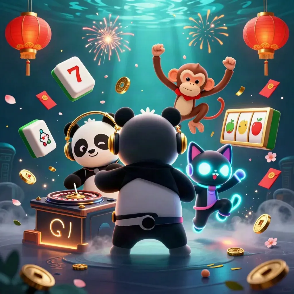 DJ panda, breakdancing monkey, and glow-stick kitten amid casino-cute burst effects underwater