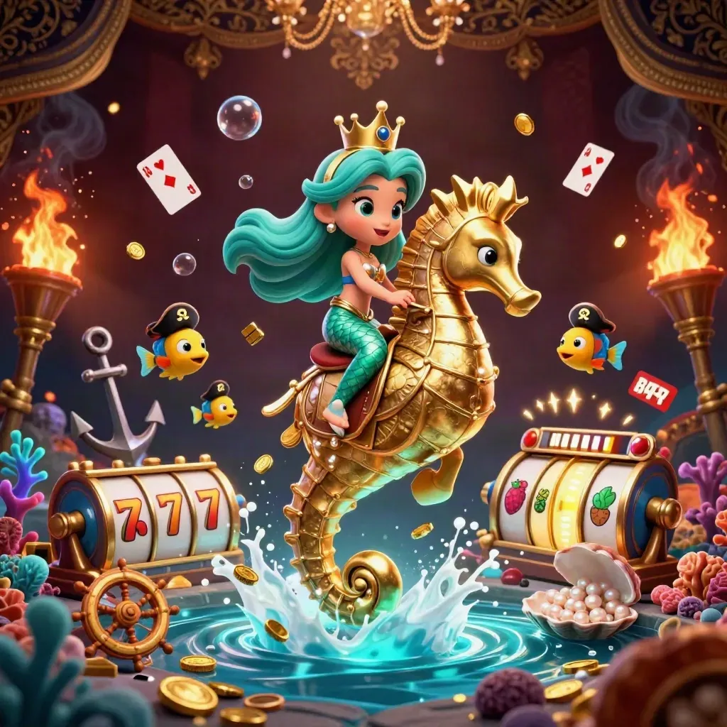 Mermaid princess on a gold seahorse amid treasure, fish, reels and casino glow.